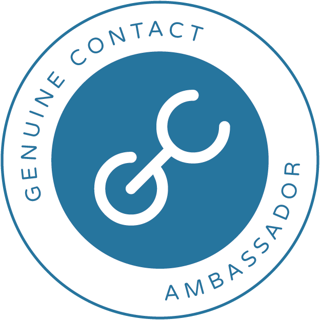 Genuine Contact Ambassador membership badge. The badge is a circle with an outer ring that has the words "Genuine Contact Ambassador" in blue text on a white background and an inner circle with the Genuine Contact logo in it. The logo is a stylized letter G and C together on a blue background.