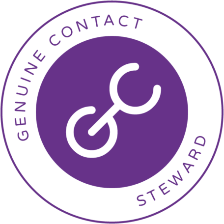 Genuine Contact Steward membership badge. The badge is a circle with an outer ring that has the words "Genuine Contact Steward" in purple text on a white background and an inner circle with the Genuine Contact logo in it. The logo is a stylized letter G and C together on a purple background.