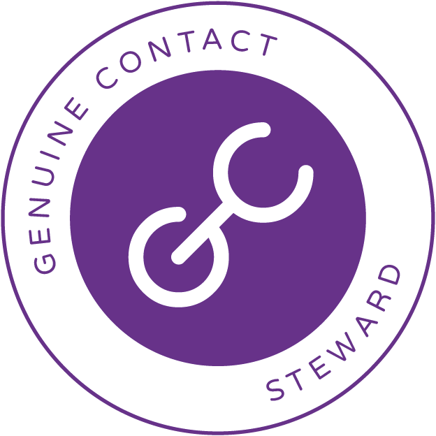 Genuine Contact Steward membership badge. The badge is a circle with an outer ring that has the words "Genuine Contact Steward" in purple text on a white background and an inner circle with the Genuine Contact logo in it. The logo is a stylized letter G and C together on a purple background.